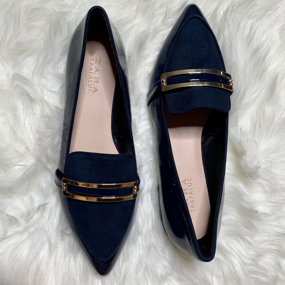 ZARA Navy blue gold buckle loafers